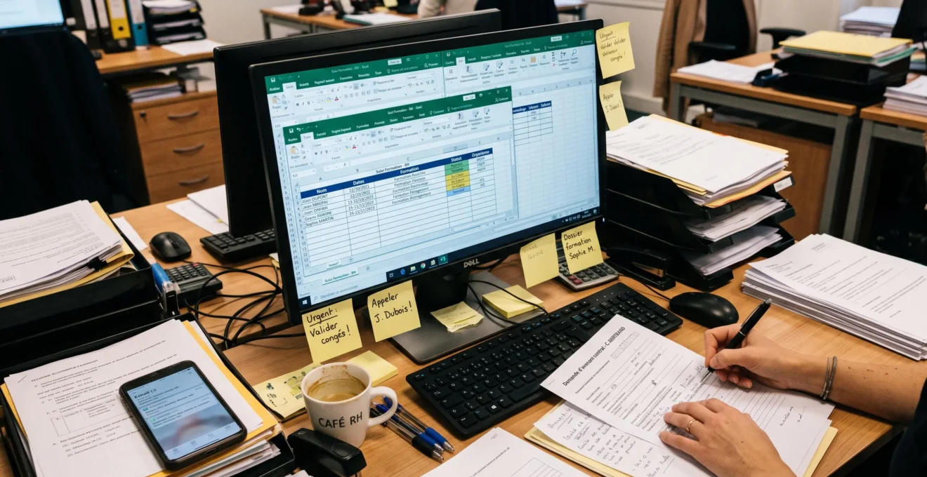 Bureau RH encombré avec multiples tableurs Excel ouverts, documents papier empilés, smartphone affichant emails et post-it de rappels — illustration de la dispersion des outils de gestion formation