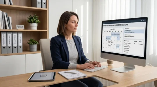 Responsable formation travaillant sur une interface de gestion de formations dans un bureau RH contemporain, éclairage naturel, écran affichant calendrier de sessions et liste de participants