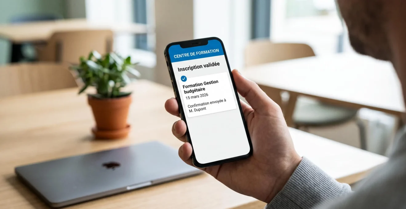 Gros plan sur smartphone affichant notification automatique de validation d'inscription à une formation, texte en français confirmant l'inscription et l'envoi de confirmation au participant
